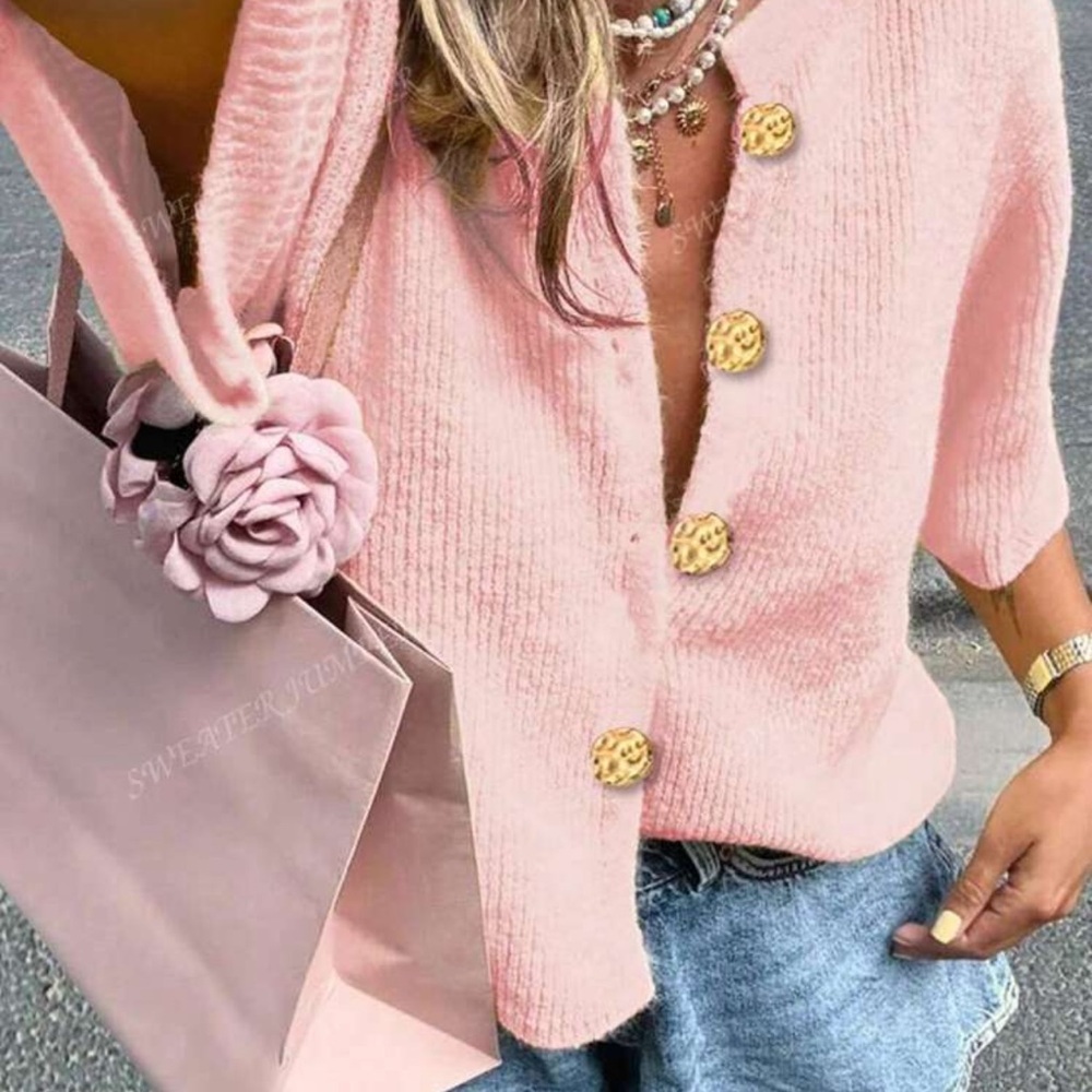 Pink Button-Up Sweater with Gold Accents